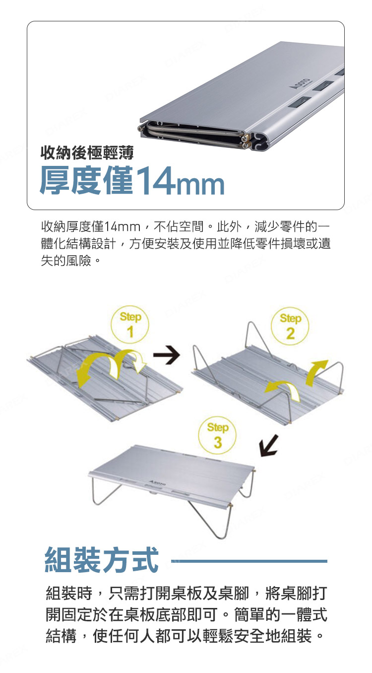 組裝收納簡單快速，收納厚度輕薄，僅14mm，不佔空間