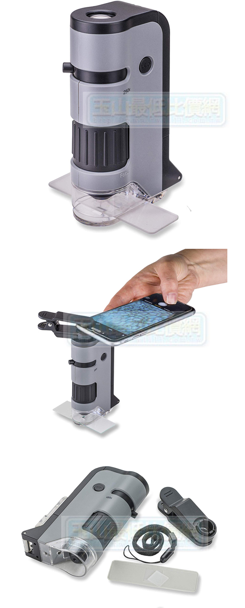 Carson MicroFlip 100x-250x LED and UV Lighted Pocket Microscope with Flip  Down Slide Base and Smartphone Digiscoping Clip Bundle Included with 24