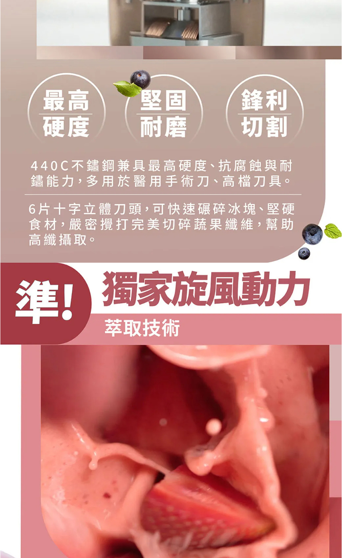 最高堅固鋒利硬度耐磨切割440C不鏽鋼兼具最高硬度、抗腐蝕與耐鏽能力,多用於醫用手術刀、高檔刀具。6片十字立體刀頭,可快速碾碎冰塊、堅硬食材,嚴密攪打完美切碎蔬果纖維,幫助高纖攝取。 獨家旋風動力準!萃取技術