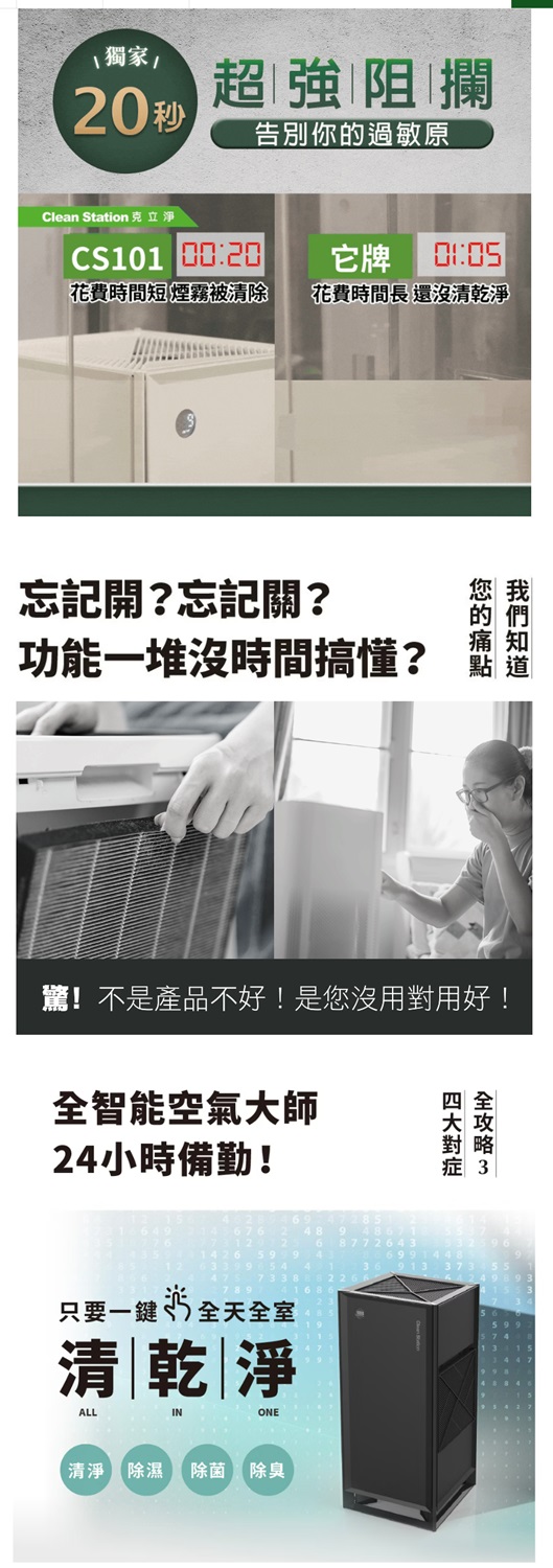 獨家/20秒超強阻攔告別你過敏原Clean Station立淨CS101 它牌花費時間短 煙霧被清除花費時間長 還沒清淨忘記開?忘記關?功能一堆沒時間搞懂?的驚!不是產品不好!是您沒用對用好!智能空氣師24小時備勤!全大只要一鍵5全天全室清|乾|淨ALLINONE清淨除濕 除菌除臭