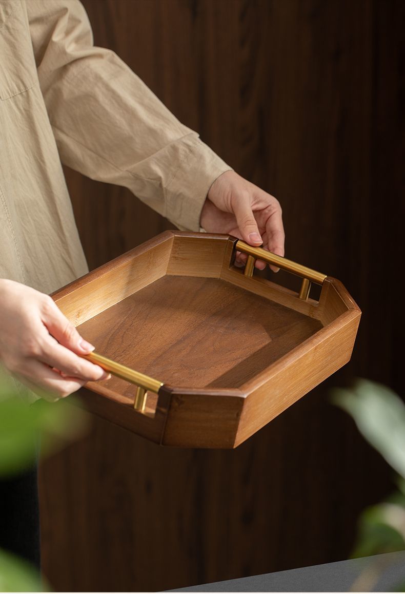 3-Piece Wooden Serving Tray Set With Gold Metal Handle 22 3-Piece Wooden Serving Tray Set With Gold Metal Handle
