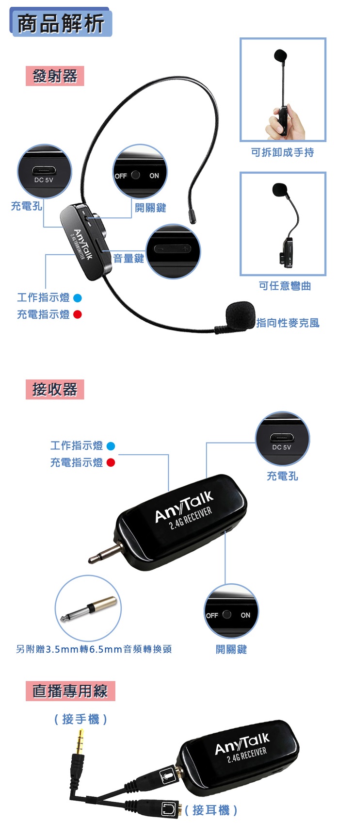 商品解析發射器OFF ONDC 5V充電孔工作指示燈充電指示燈AnyTalk接收器工作指示燈充電指示燈開音量可拆卸成手持可任意彎曲指向性DC 5VAnyTalk2.4G RECEIVER充電孔OFF ON另附贈3.5mm轉6.5mm音頻轉換頭開直播專用線接手機)AnyTalk2.4G RECEIVER(接耳機)