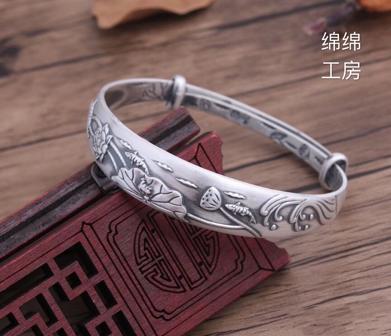 足銀999純銀飾品銀手鐲女復古做舊蓮花荷花魚推拉送人禮物| 銀聯網