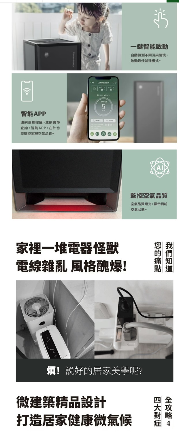智能APP  5一鍵智能自動不同污染情境,啟動最佳濾淨模式。濾網更換提醒、濾網壽命查詢。智能APP,在外也能監控家裡空氣品質。 監控空氣品質空氣品質燈光,顯示目前空氣狀態。家裡一堆電器怪獸電線雜亂 風格醜爆!慎!好的居家美學呢?微建築精品設計打造居家健康微氣候