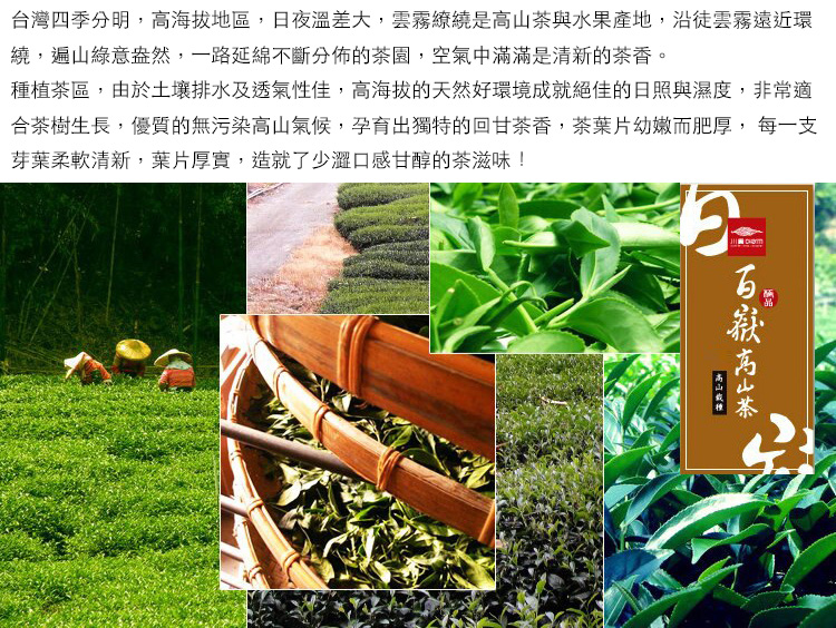 台灣四季分明,高海拔地區,日夜溫差大,雲霧繚繞是茶與水果產地,沿徒雲霧遠近環繞,遍山綠意盎然,一路延綿不斷分佈的茶園,空氣中滿滿是清新的茶香。植茶區,由於土壤排水及透氣性佳,高海拔的天然好環境成就絕佳的日照與濕度,非常適合茶樹生長,優質的無污染高山氣候,孕育出獨特的回甘茶香,茶葉片幼嫩而肥厚,每一支芽葉柔軟清新,葉片厚實,造就了少澀口感甘醇的茶滋味!高山種