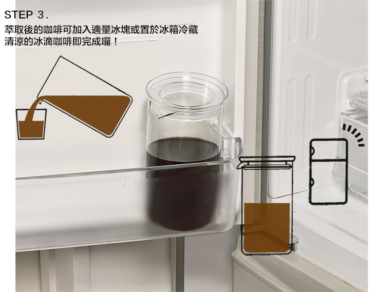 STEP 3.萃取後的咖啡可加入適量冰塊或置於冰箱冷藏清涼的冰滴咖啡即完成囉!