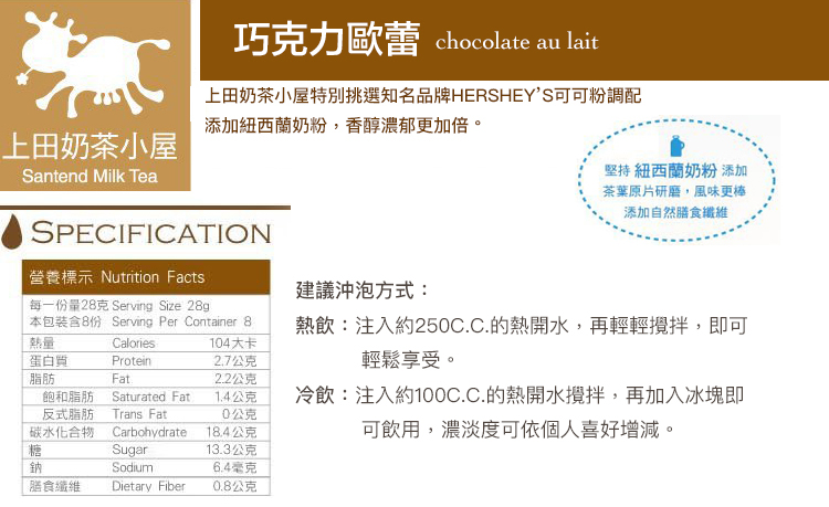 巧克力歐蕾 chocolate au lait上田奶茶小屋特別挑選知名品牌HERSHEYS可可粉調配添加紐西蘭奶粉,香醇濃郁更加倍。上田奶茶小屋Santend Milk TeaSPECIFICATION營養標示 Nutrition Facts建議沖泡方式:堅持紐西蘭奶粉 添加茶葉原片研磨,風味更棒添加自然膳食纖維每一份量28克 Serving Size 28g本包裝含8份 Serving Per Container 熱飲:注入約25C.C.的熱開水,再輕輕攪拌,即可熱量Calories104大卡蛋白質Protein2.7公克輕鬆享受。脂肪Fat.2.2公克飽和脂肪Saturated Fat1.4公克冷飲:注入約100C.C.的熱開水攪拌,再加入冰塊即反式脂肪碳水化合物糖Trans Fat0公克Carbohydrate18.4公克可飲用,濃淡度可依個人喜好增減。Sugar13.3公克鈉Sodium6.4毫克膳食纖維Dietary Fiber0.8公克