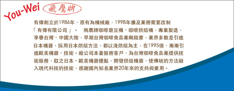 You-Wei牌有創立於1986年,原有為機械廠,1998年擴及業務需要改制有偉有限公司」 飛鷹牌咖啡磨豆機、咖啡烘焙機,專業製造,享譽台灣、中國大陸,早期台灣咖啡食品業剛啟蒙,業界多數是引進日本機器,採用日本烘焙方法,都以淺烘焙為主,在1995後,漸漸引進歐美機器、技術。本著服務客戶,為台灣咖啡食品業提供技術服務,取之日本、歐美機器優點,開發烘焙機器,使傳統的方法融入現代科技的技術,感謝國內知名業界20年來的支持與愛用。