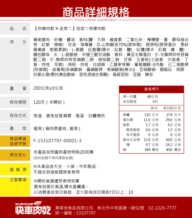 商品詳細規格Product details Specifications 【快車肉乾金家ㄟ】泡菜ㄟ特厚肉乾豬後腿肉砂糖、醬油、香料(鹽、大蒜、纖維素、二氧化矽、檸檬酸、薑、酵母抽出成分物、紅椒、辣椒)、甘油、海藻糖、D-山梨醇液7%(甜味劑)、膠原粉(膠原蛋白、馬鈴薯纖維、乾酪素鈉)、L-酸、紅麴醬(糯米、紅麴、鹽)、紅糟(糯米、紅麴、糖、鹽)、麵包酵母、水、L-酸鈉、中鏈三酸甘油酯、香料、黃豆水解蛋白、5-次黃嘌呤核苷磷酸二鈉、5-鳥嘌呤核苷磷酸二鈉、琥珀酸二鈉、甘草、五香粉(小茴香、大茴香、丁香、肉桂、花椒)、蒜粉、肉桂、白胡椒、乙基麥芽醇、葡萄糖酸、己二烯酸鉀(防腐劑)、結著劑(多磷酸鈉、偏磷酸鉀、焦磷酸鈉(無水)、胭脂紅、明膠、抗氧化劑(異抗壞血酸鈉、混和濃縮生育醇)、高麗菜粉、豆蔻、陳皮200公克9公克營養標示保存期限120天(未開封)每份量本包裝含40公克5份每份每100公克保存方式常溫避免放置潮濕、高溫、日曬場所熱量110 大卡274 大卡蛋白質11.6公克29.0公克脂肪1.7公克4.2公克產 臺灣(豬肉原產地:臺灣)飽和脂肪0.6公克1.5 公克反式脂肪0公克0公克食品業者F-153107797-00001-3登錄字號碳水化合物糖12.0 公克30.0公克9.7公克24.2 公克340毫克850毫克本產品投保富邦產物保險2000萬食在安心(投保金額不等同理賠金額)※本產品含大豆、小麥、牛奶製品過敏原不適合其過敏體質者食用注意事項※開封後請儘早食用完畢KUAICHE避免放置於高溫,陽光直曬處。以消費者收受日算起,至少距有效日期前?日以上:10青草地食品有限公司 新北市中和區建一路92號 02-2226-7777快車肉乾 一編號:53107797