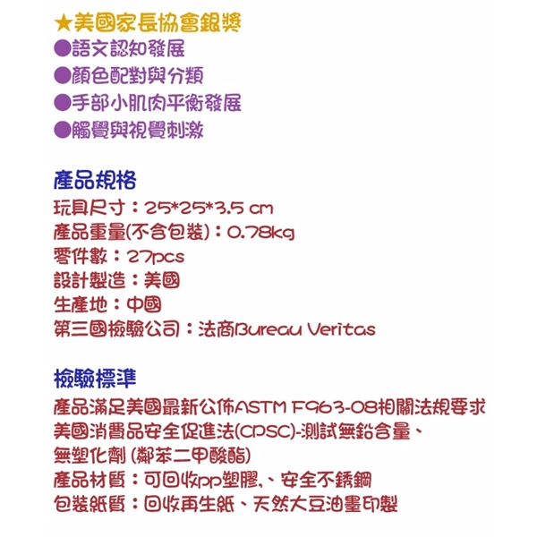 ★美國家長協會銀獎語文認知發展配對與分類●手部小肌肉平衡發展●觸覺與視覺刺激產品規格玩具尺寸:25*25*3.5 產品重量(不含包裝):0.78kg零件數:27pcs設計製造:美國生產地:中國第三國檢驗公司:法商Bureau Veritas檢驗標準產品滿足美國最新公佈ASTM F963-08相關法規要求美國消費品安全促進法(CDSC)-測試無鉛含量無塑化劑(鄰苯二甲酸酯)產品材質:可回收塑膠、安全不銹鋼包裝紙質:回收再生紙、天然大豆油墨印製