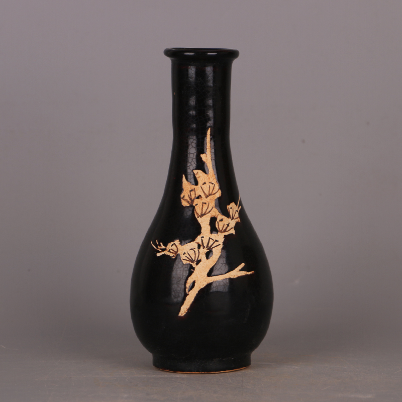 古美術 黑釉蒜頭瓶 宋時代 宋吉州窯黑釉刻花蒜頭瓶仿宋代出土舊貨古玩瓷器家居博古架擺件| 協貿