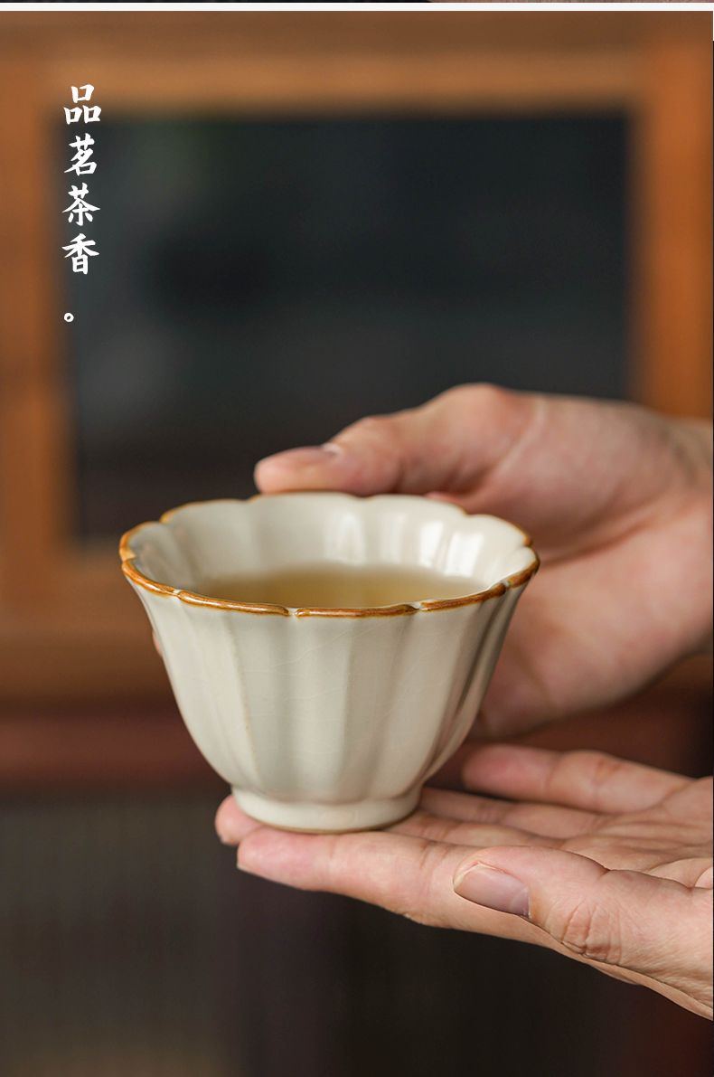 米黃汝窯茶杯品茗杯陶瓷小號單杯個人專用主人杯茶碗茶盞高檔開片 