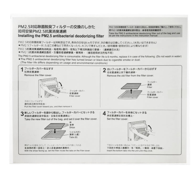 5対応脱臭交換しか如何臭 網Installing   antibacterial deodorizing PM2フィルターくださいPM25Take  PM25  deodorizing  out of the bag and useas per the s in the instruction manualPM25対応除菌フィルターは消耗品です 目安はヵ月ですが次場合は交換しください。水洗いはできませんPM2.5 フィルターがたばこのなどで色くなったり、ホコリでだとき。PM2.5抗菌消PM2.5より異なります消耗品以下使用状況The PM2.5 antibacterial deodorizing  is consumable Although the  fe is months replace in case of the following  not wash in water)The PM2.5 antibacterial deodorizing  has turned brown or black due to cigarette smoke or .The   differs depending on usage and environmental conditions)1 フィルターカバーRemove the  2 古いフィルターフィルターカバーからはずすRemove the old  from the  .てはずすフィルターカバー 的 the fiter  toward  and  3 新しいフィルターをからし、フィルターカバーにセットする出・Take the new filter out of the bag and set it over the fiter cover.フィルターカバーをにセットする到本體。Set the filter cover. () (6フィルターフィルターカバー coverがついたを上にして、フィルターカバーののに入れる上 the  facing  set the   the  on the  coverのを本体押し込む再下 the  tabs  the unit  they