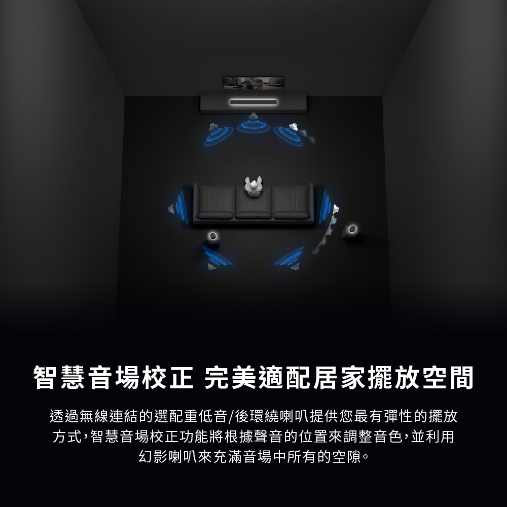 智慧音場校正 完美適配居家擺放空間透過無線連結的選配重低音/後環繞喇叭提供您最有彈性的擺放方式,智慧音場校正功能將根據聲音的位置來調整音色,並利用幻影喇叭來充滿音場中所有的空隙。