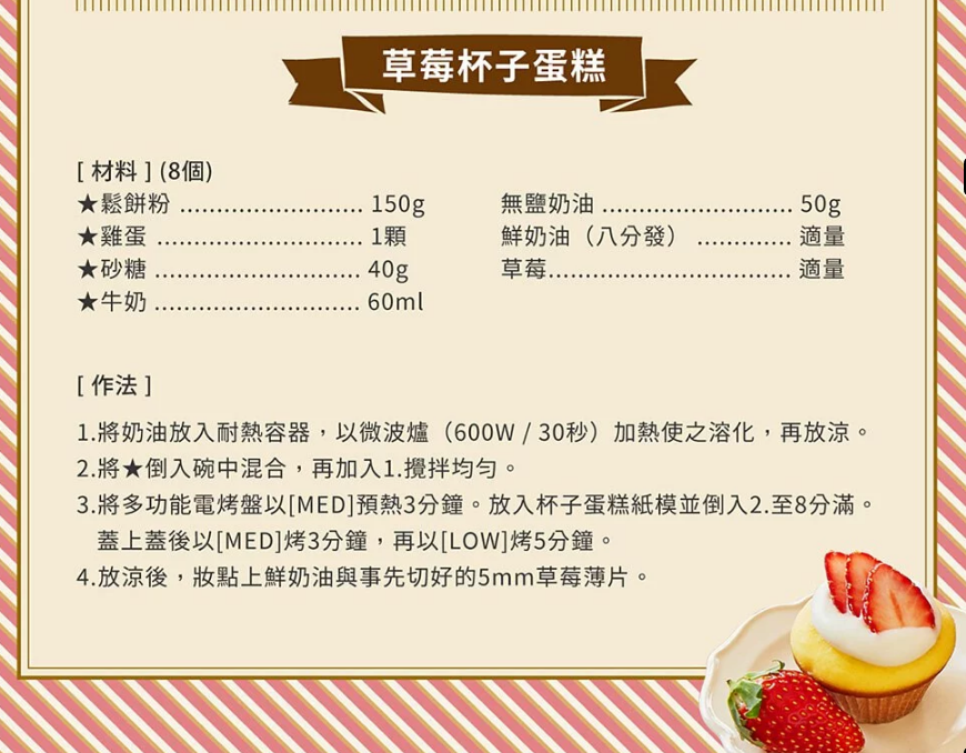 [材料](8個鬆餅粉★雞蛋★砂糖★牛奶草莓杯子蛋糕150g無鹽奶油50g1顆40gp鮮奶油(八分發) 草莓適量 適量60ml[作法]1.將奶油放入耐熱容器,以微波爐(600W/30秒)加熱使之溶化,再放涼。2. 將★倒入碗中混合,再加入1.。3.將多功能電烤盤以[MED]預熱3分鐘。放入杯子蛋糕紙模並倒入2.至8分滿。蓋上蓋後以[MED]烤3分鐘,再以[LOW]烤5分鐘。4.放涼後,妝點上鮮奶油與事先切好的5mm草莓薄片。