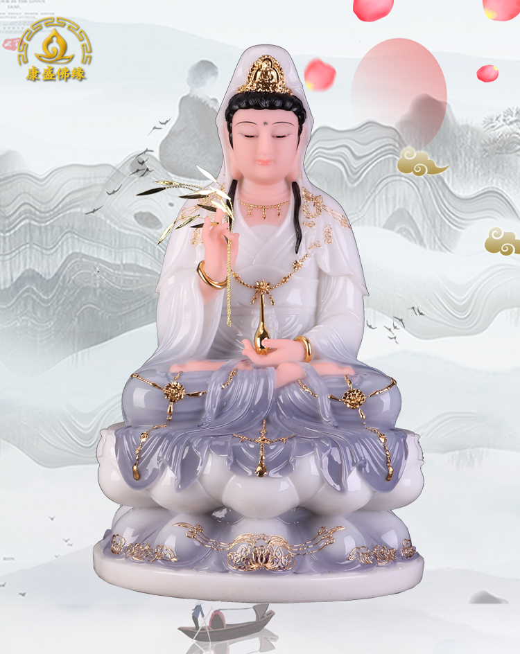 觀音佛像擺件供奉普陀山漢白玉坐蓮紫衣觀世音菩薩娑婆三圣石雕| 協貿