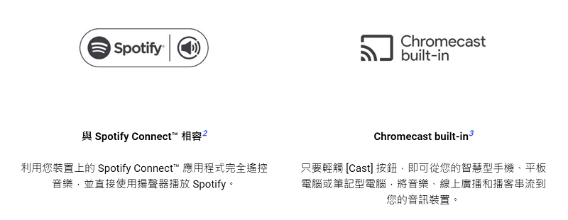 Spotify與 Spotify Connect 相容利用您裝置上的 Spotify Connect 應用程式完全遙控音樂,並直接使用揚聲器播放 Spotify。Chromecastbuilt-inChromecast built-只要輕觸 [Cast] 按鈕,即可從您的智慧型手機、平板電腦或筆記型電腦,將音樂、線上廣播和播客串流到您的音訊裝置。