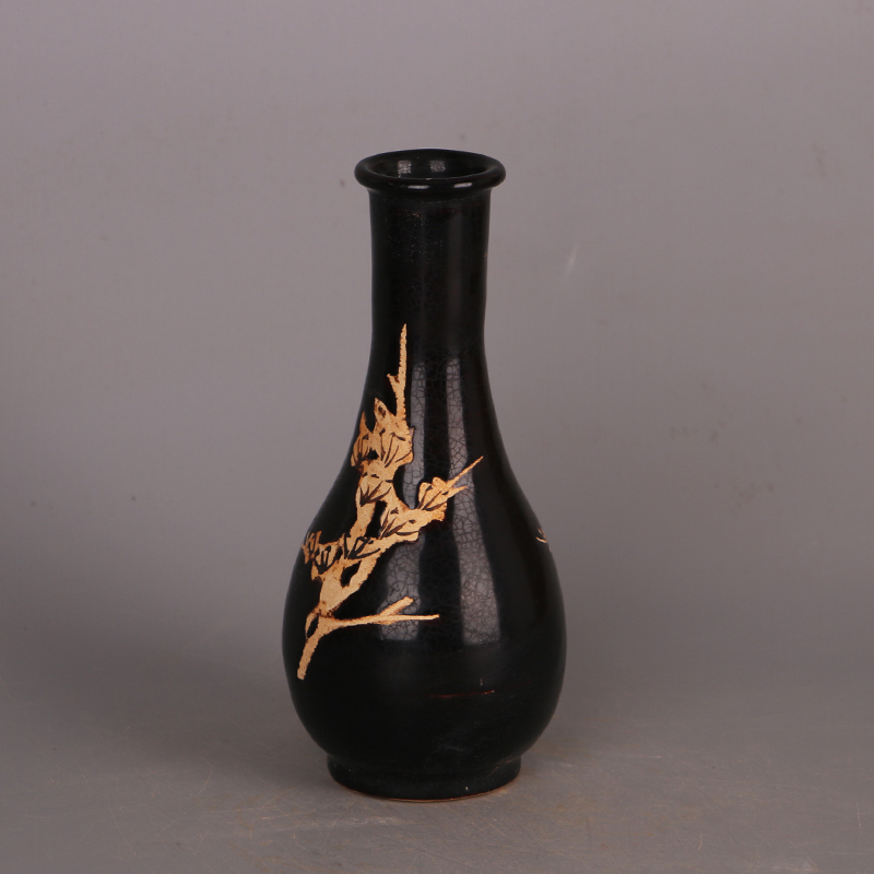 宋吉州窯黑釉刻花蒜頭瓶仿宋代出土舊貨古玩瓷器家居博古架擺件| 協貿