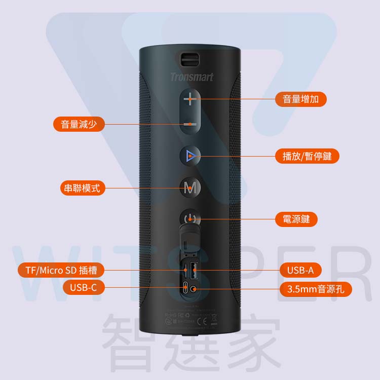 Tronsmart音量增加音量減少播放/暫停鍵串聯模式M電源鍵TF/Micro SD 插槽USB-C USB-A3.5mm音源孔