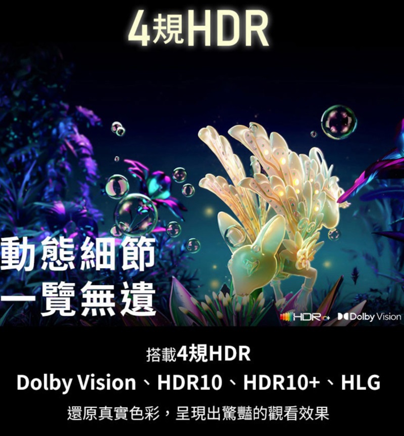 動態細節一覽無遺4規HDRⓇ Dolby Vision搭載4規HDRDolby Vision、HDR10、HDR10+、HLG還原真實色彩,呈現出驚豔的觀看效果