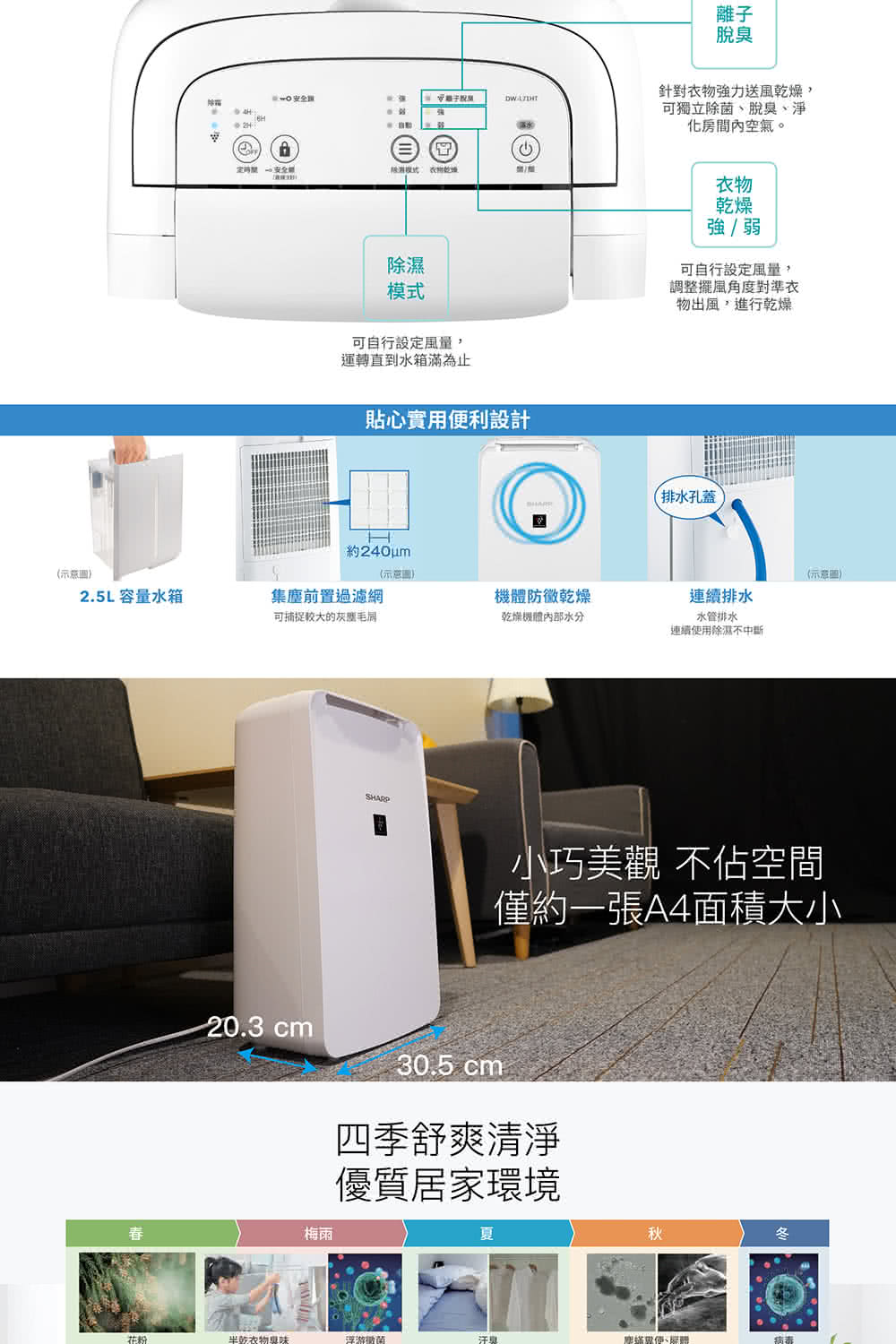 2.5L 容量水箱春花粉除定-20.3 cm半乾衣集塵前置過濾網可捕捉較大的灰梅雨除濕模式可自行設定風量,運轉直到水箱滿為止約240um(物SHARP貼心實用便利設計 30.5 cm機體防黴乾燥乾燥機體內部水分夏四季舒爽清淨優質居家環境汗臭針對衣物強力送風乾燥,可獨立除菌脫臭、淨化房間內空氣。離子脫臭秋衣物乾燥強/弱排水孔蓋小巧美觀 不佔空間僅約一張A4面積大小、可自行設定風量,調整擺角度對準衣物出風,進行乾燥連續排水水管排水連續使用除濕不中斷冬(示意圖