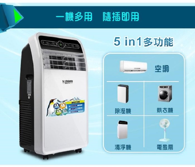 一機多用 隨插即用5 in1多功能空調除溼機烘衣機清淨機電風扇