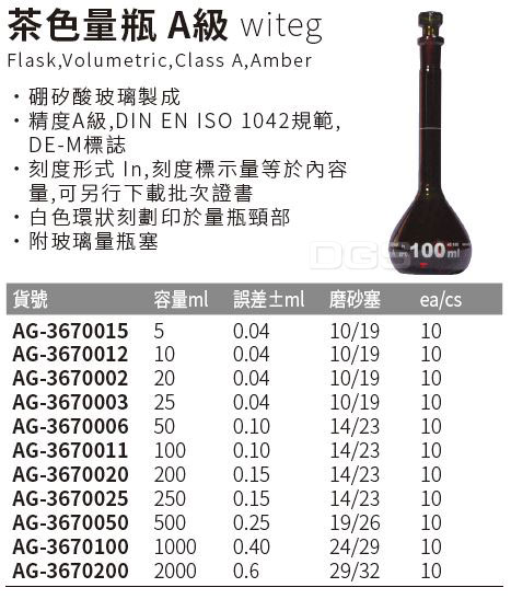 Witeg 茶色量瓶a級flask Volumetric Class A Amber Dglife 德記生活網直營店 樂天市場rakuten