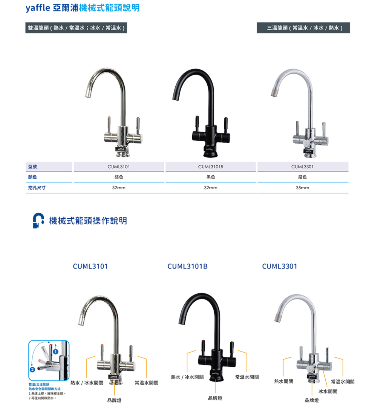 yaffle 亞爾浦機械式龍頭說明雙龍頭(熱水/常温水;冰水/常水)溫龍頭(常溫水/冰水/熱水)型號颜色CUML3101CUML3101BCUML3301色黑色色挖孔尺寸32mm32mm35mm機械式龍頭操作說明CUML3101雙溫/三溫龍頭熱水安全方式1.先往上提解除安全鎖。熱水/冰水2.再往前熱水。品牌燈CUML3101BCUML3301熱水/冰水常溫水熱水開關常溫水開關品牌燈品牌燈常溫水開關冰水開關