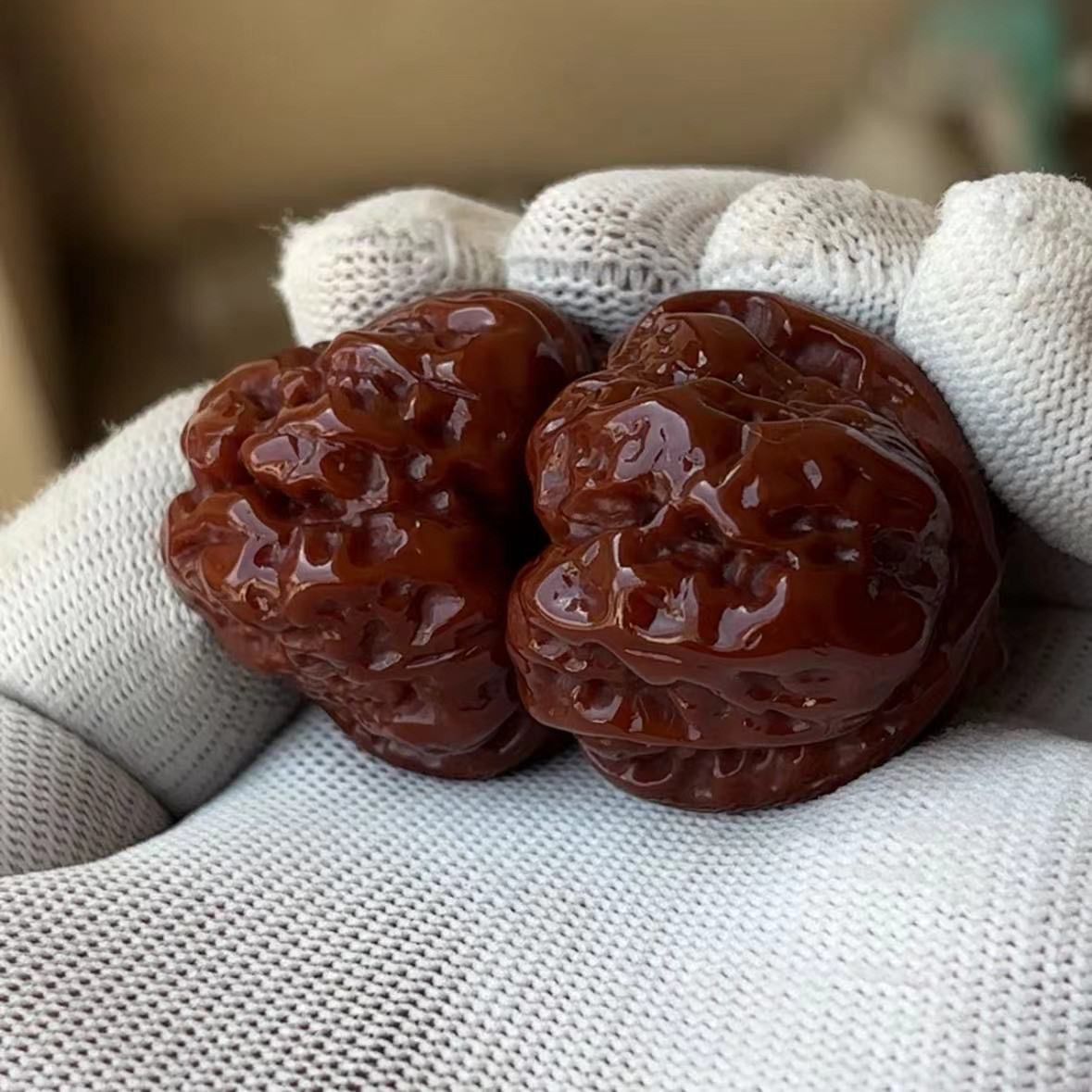 玉化延慶金蟾蛤蟆頭精對有腿眼文玩核桃手把件包漿牛津紅回血核桃h711