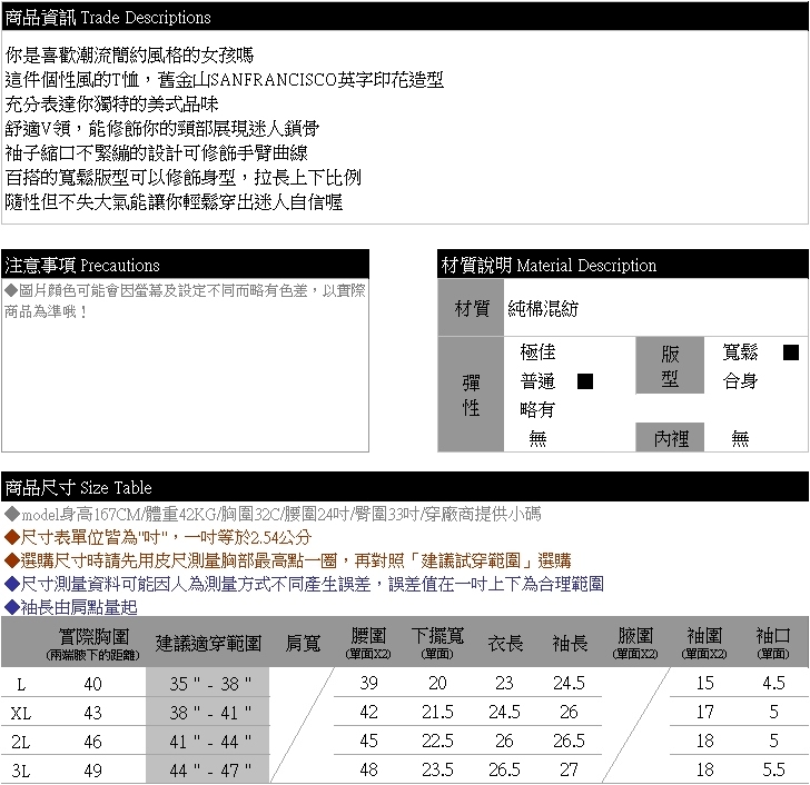 棉T--美式個性舊金山撞色英字印花縮口寬鬆修身V領長袖T恤(白.黑L-3L)-F129眼圈熊中大尺碼