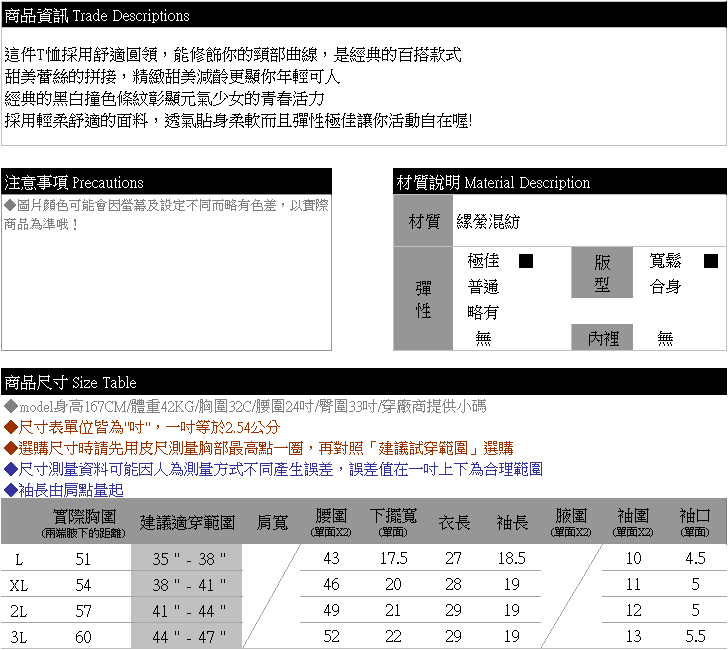 蕾絲上衣--優雅蕾絲拼接條紋彈性極佳寬鬆蝙蝠袖圓領T恤(白.黑L-3L)-F135眼圈熊中大尺碼