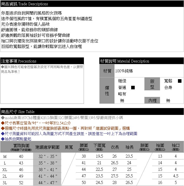 棉T--舒適個性五角星星布繡落肩寬鬆修身拼接圓領長袖T恤(黑.灰M-3L)-F141眼圈熊中大尺碼