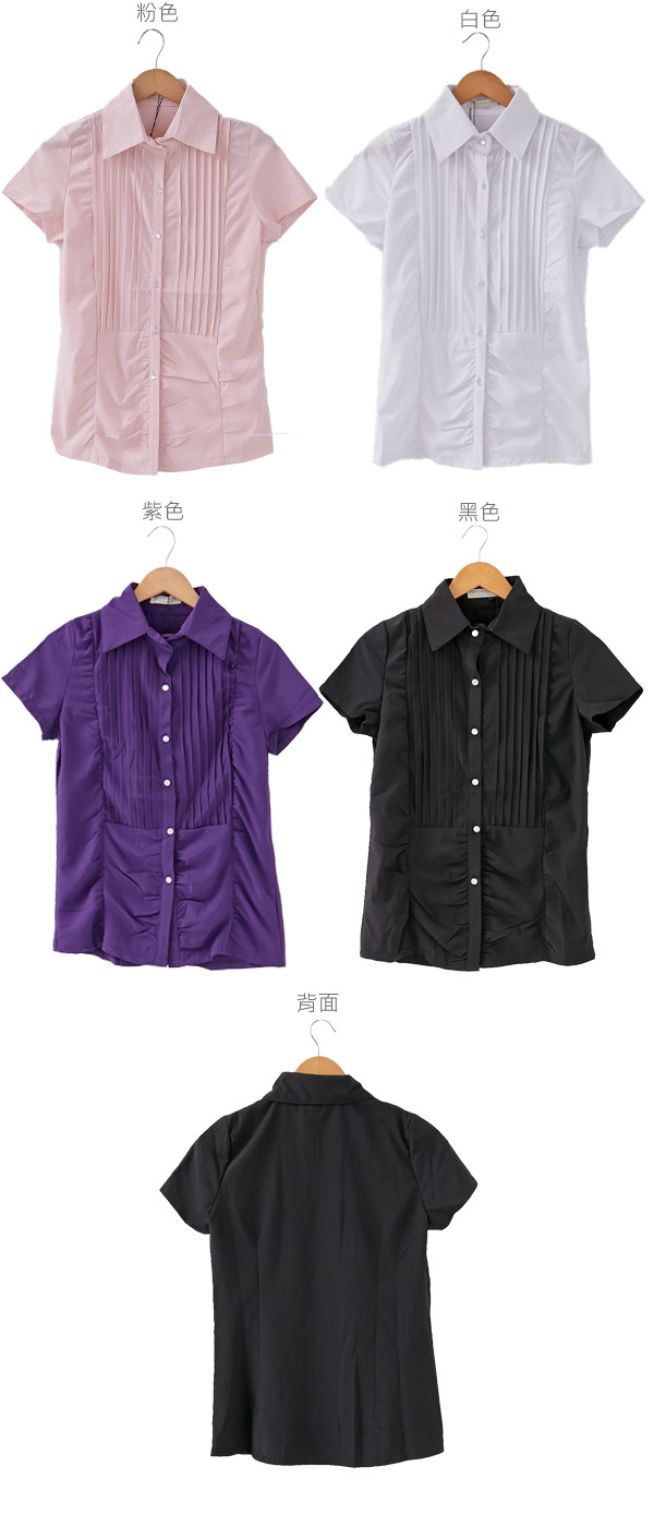 襯衫--簡潔知性壓摺抓皺設計短袖襯衫(白.黑.粉.紫S-3L)-H129眼圈熊中大尺碼