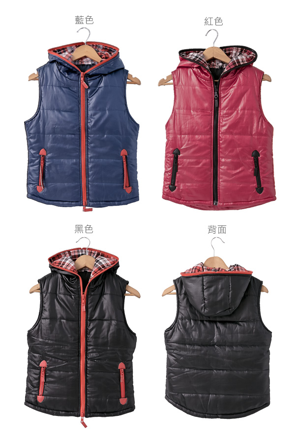 質感保暖背心--輕巧保暖格紋裡雙拉鍊頭設計壓綿背心連帽外套(黑.紅.藍M-2L)-J190眼圈熊中大尺碼