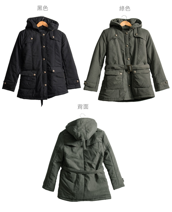 外套--厚實而保暖風衣式連帽造型釦附腰帶鋪棉長版外套(黑.綠M-2L)-J204眼圈熊中大尺碼