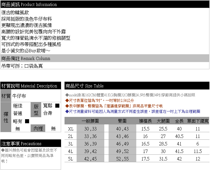 吊帶褲--率性休閒韓版可拆式吊帶牛仔雙口袋高腰寬管九分褲(藍XL-5L)-N101眼圈熊中大尺碼