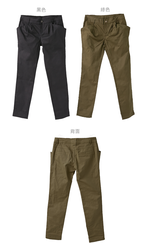 長褲--俐落有型壓折寬口袋設計長褲(黑.綠M-6L)-P72眼圈熊中大尺碼