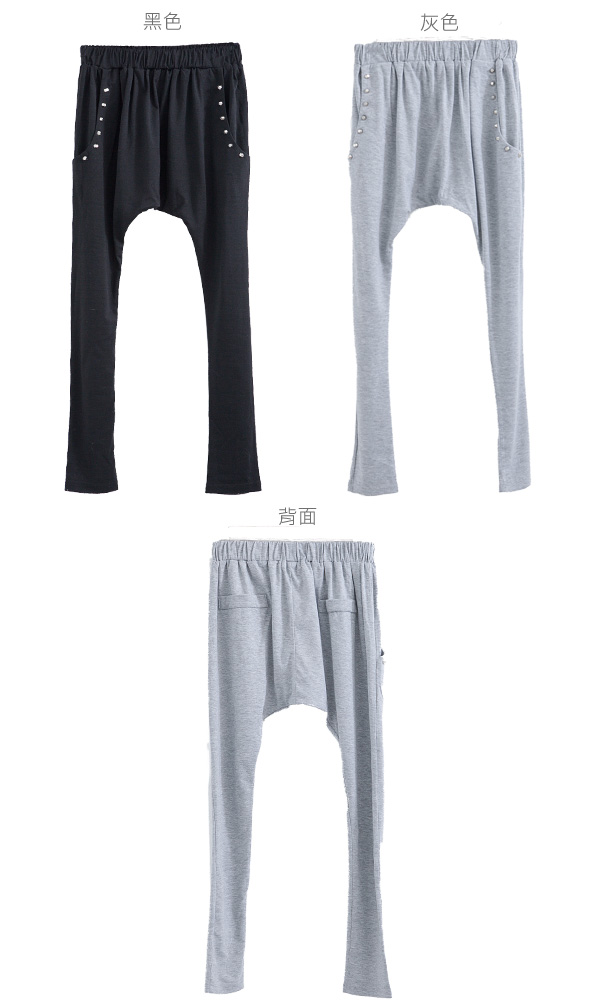 哈倫褲--舒適休閒鉚釘簡約鬆緊設計運動風棉質哈倫褲(黑.灰S-XL)-P91眼圈熊中大尺碼