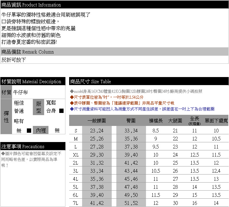 短褲--春夏定番粗邊口袋水波痕刷破反折中腰牛仔短褲(S-7L)-R24眼圈熊中大尺碼