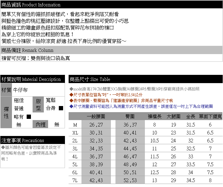 牛仔褲-刷破貓抓痕反折碎花布下擺前後雙口袋牛仔七分褲(藍XL-7L)-S79眼圈熊中大尺碼◎