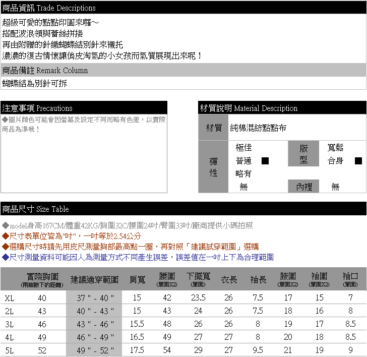 蕾絲--可愛淘氣點點印圖拼接蕾絲波浪領附針織蝴蝶結別針棉質上衣(紅.藍XL-5L)-U364眼圈熊中大尺碼