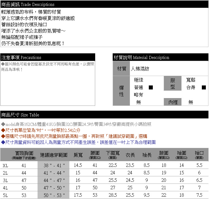 蕾絲--公主氣息清新甜美蕾絲花領公主袖棉質上衣(藍.黃XL-5L)-U394眼圈熊中大尺碼