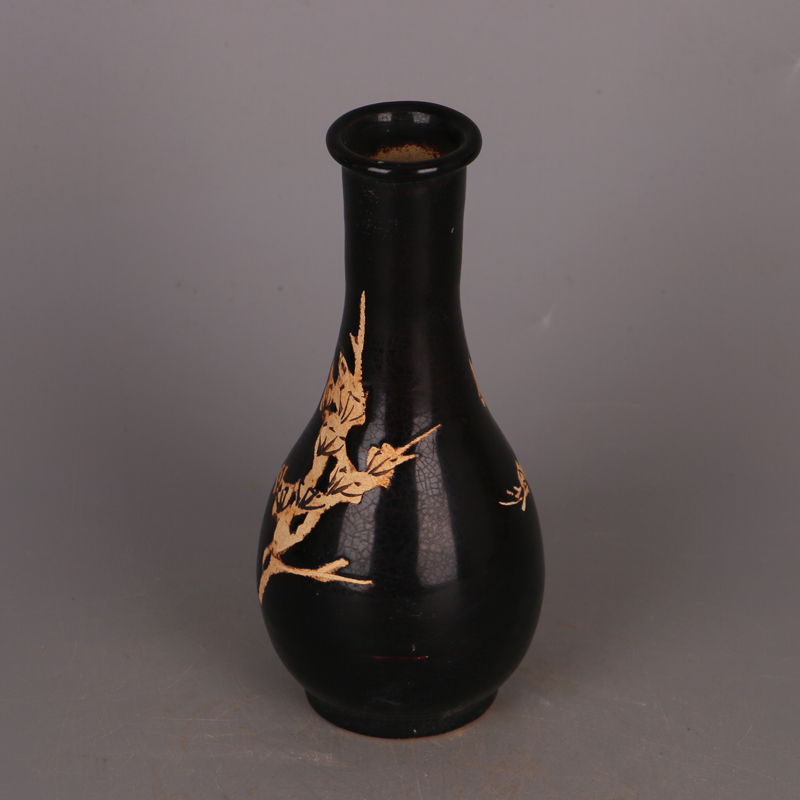 古美術 黑釉蒜頭瓶 宋時代 宋吉州窯黑釉刻花蒜頭瓶仿宋代出土舊貨古玩瓷器家居博古架擺件| 協貿