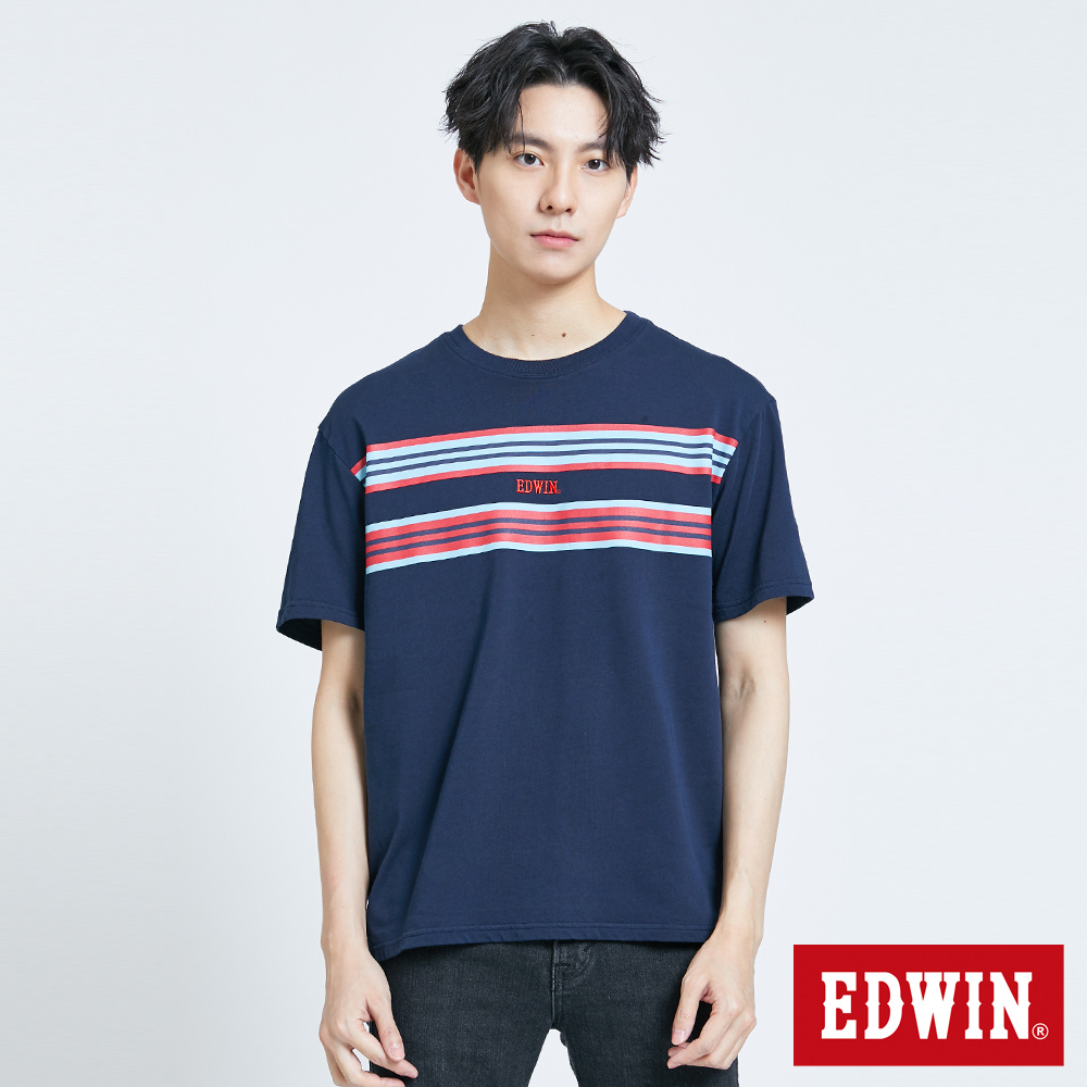 EDWIN 橫條紋LOGO短袖T恤-男款丈青色| EDWIN官方旗艦店直營店| 樂天 