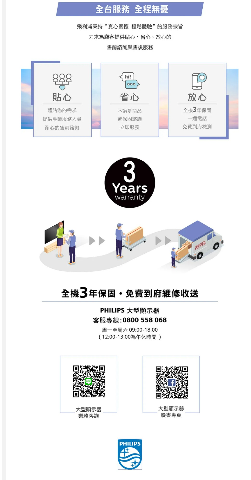 888貼心全台服務 全程無憂飛利浦秉持真心關懷 輕鬆體驗”的服務宗旨力求為顧客提供貼心、省心、放心的售前諮詢與售後服務hi!省心放心體貼您的需求不論是商品全機3年保固提供專業服務人員或保固諮詢一通電話耐心的售前諮詢立即服務免費到府檢測3Yearswarranty全機3年保固免費到府維修收送PHILIPS 大型顯示器客服專線:0800 558068周一至周六 09:00-18:00(12:00-13:00為午休時間)大型顯示器大型顯示器業務咨詢臉書專頁PHILIPSLOGISTICS