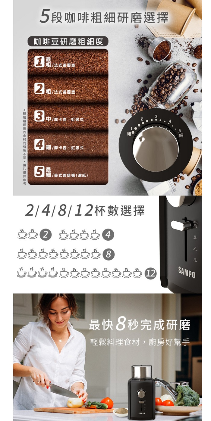 5段咖啡選擇咖啡豆研磨粗度研磨粗細中/摩卡壺虹吸式 細/、式5細/美式咖啡機(紙)2/4//杯數選擇8 12SAMPO最快8秒完成研磨輕鬆料理食材,廚房好幫手SAMPO
