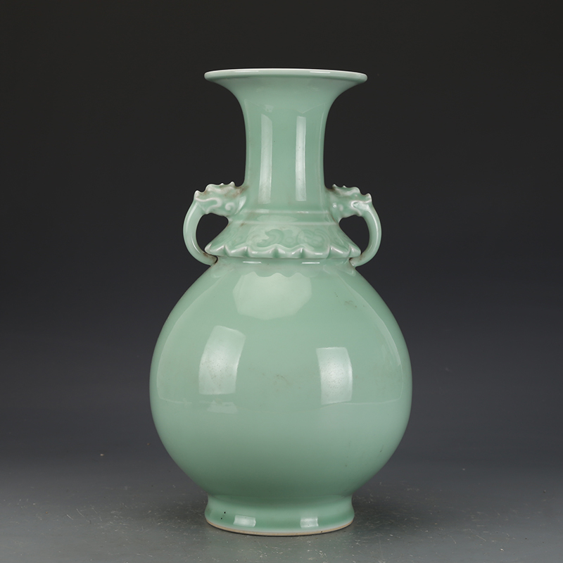 大清乾隆豆青釉雙耳瓶古董古玩收藏真品中國風花瓶仿古瓷器老物件| 協貿 