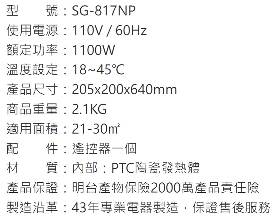 號:SG-817NP使用電源:110V/額定功率:1100W溫度設定:18~45℃產品尺寸:205x200x640mm商品重量:2.1KG適用面積:21-30m²配 件:遙控器一個質:內部:PTC陶瓷發熱體材產品保證:明台產物保險2000萬產品責任險製造沿革:43年專業電器製造,保證售後服務