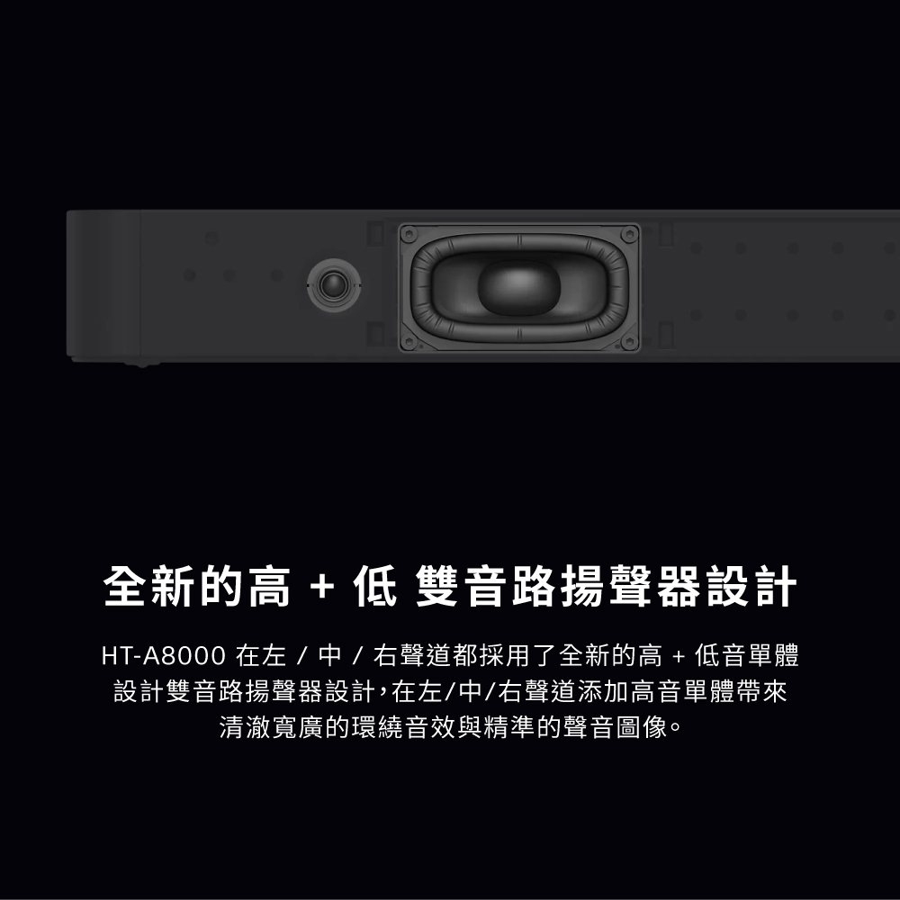 全新的高+低 雙音路揚聲器設計HT-A8000 在左 / 中 / 右聲道都採用了全新的高+低音單體設計雙音路揚聲器設計,在左/中/右聲道添加高音單體帶來清澈寬廣的環繞音效與精準的聲音圖像。