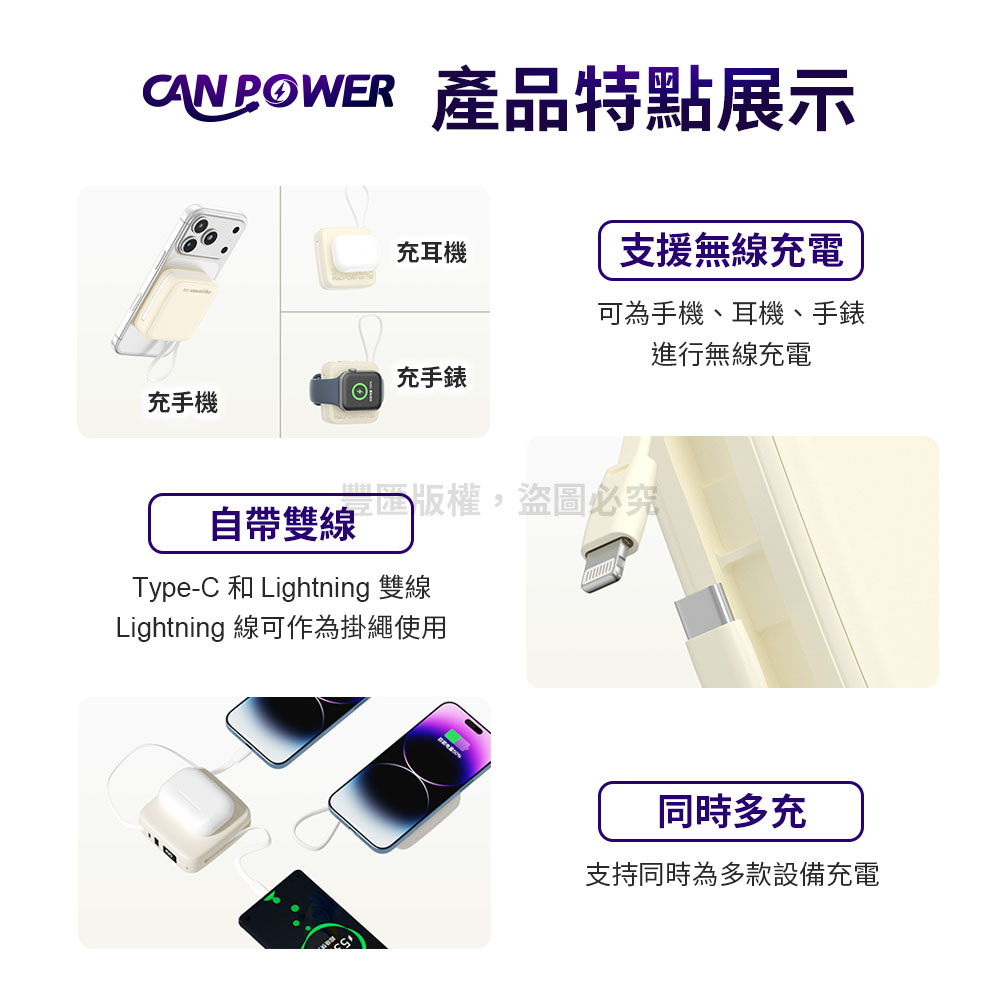 產品特點展示充耳機支援無線充電可為手機、耳機、手錶進行無線充電充手錶充手機自帶雙線盜圖必究Type-C 和 Lightning 雙線Lightning 線可作為掛繩使用同時多充支持同時為多款設備充電